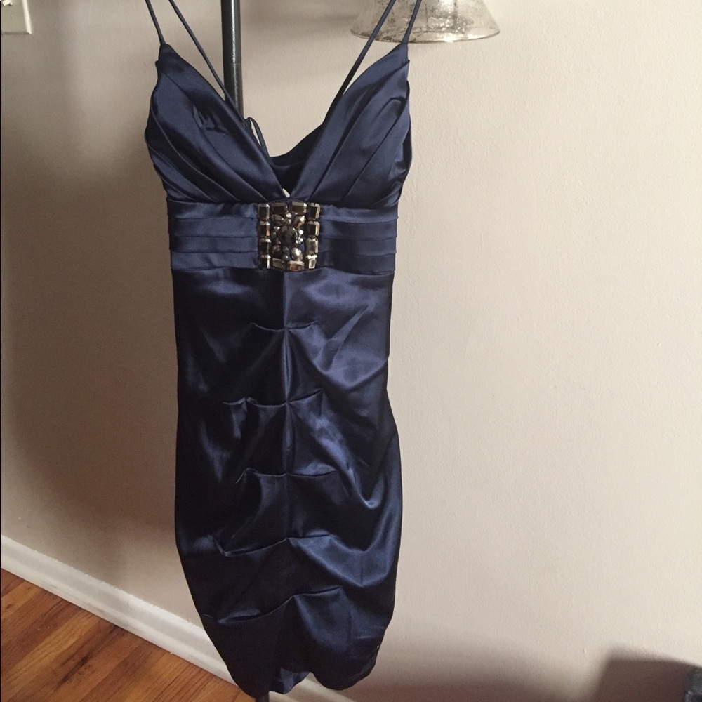 Navy blue stretch satin cocktail bodycon dress